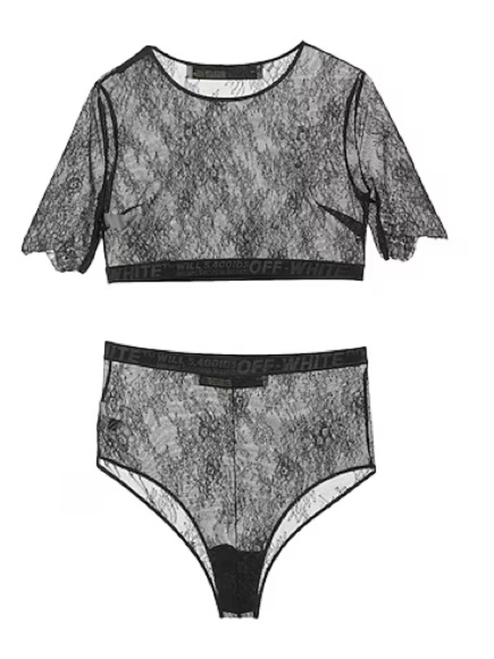 Off-White Black Lace Crop Top and High-Waist Brief Set